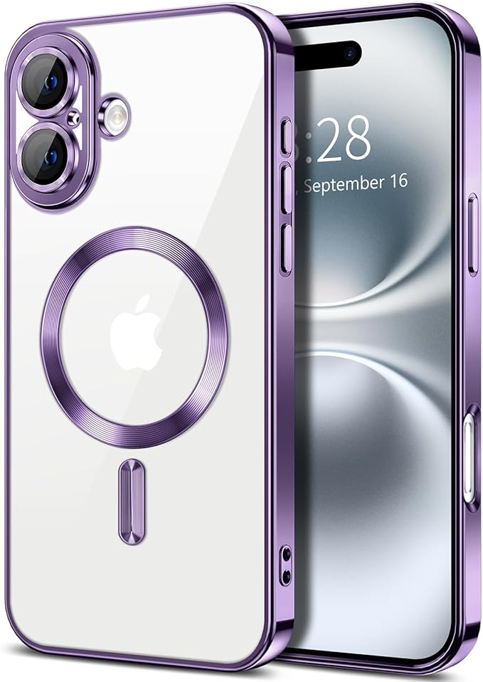 Hython Magnetic Clear for iPhone 16 Plus Case with Camera Lens Protector [Compatible with MagSafe] Luxury Plating Edge Slim Soft TPU Cover Protective Phone Case for iPhone 16 Plus 6.7", Deep Purple
