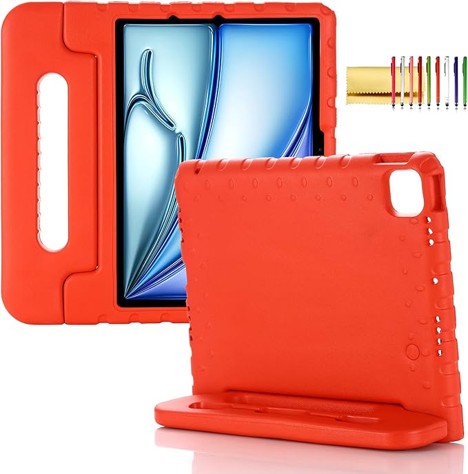 Kids Case for iPad Pro 11" M5/M4 & iPad Air 11" (2026/2025/2024) Shockproof Case with Pencil Holder, Techcircle Light EVA Foam Handle Stand Bumper Protective Child Friendly Drop Proof Cover, Red