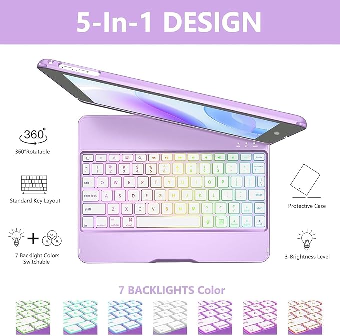 MMK iPad Keyboard Case for iPad 6th Gen 2018, iPad 5th Gen 2017, iPad Pro 9.7, iPad Air 2, iPad Air 1, Backlit 10 Color 360 Screen Rotation iPad Case with Keyboard, Auto Sleep/Wake (Purple)