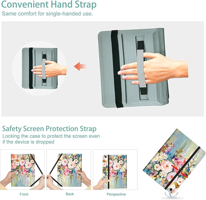 for iPad (A16) 11Th/10Th Generation Case 2025/2022, for iPad Case 11th/10Th Generation 360 Degree Rotating 4 Viewing Angles Pencil Holder/Hand Strap/Pocket Auto Wake/Sleep, Floral Flower