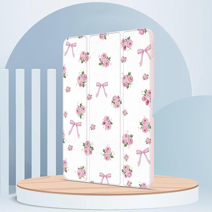 Case for iPad Pro 11-Inch M5/M4 2025/2024 (6th/5th Generation), Case with Pencil Holder, Clear Back Cover Cute Cool Design for Women Girls, Auto Sleep/Wake, Bow Rose
