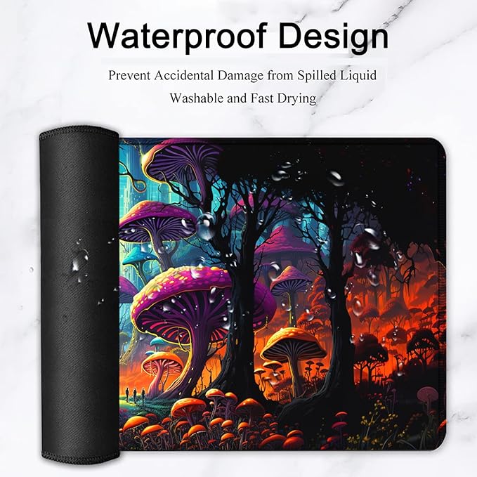 Large Mouse Pad, 31.5 x 11.8in Extended Gaming Mouse Pad with Stitched Edges, XXL Mousepad Protector Non Slip Rubber Base for Office & Home Writing Mat, Colorful Mushroom Forest Pattern Black Desk Mat