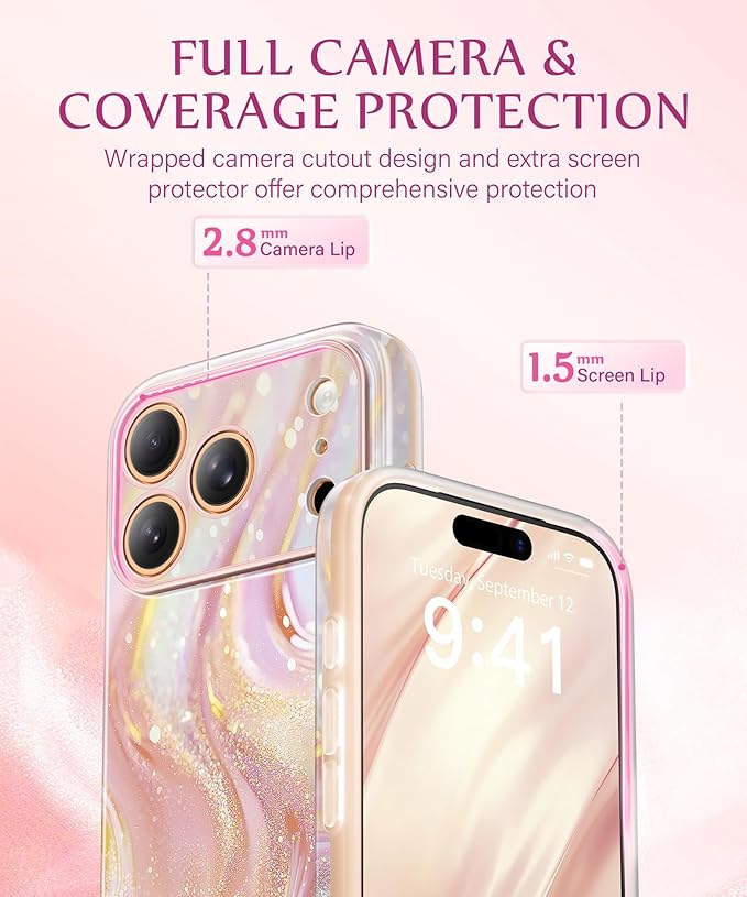 GVIEWIN for iPhone 17 Pro Case Compatible with MagSafe, [Full Camera Protection][Military-Grade Protection] Shockproof Protective Slim Magnetic Marble Phone Case for 17 Pro 6.3", Glistening/Pink