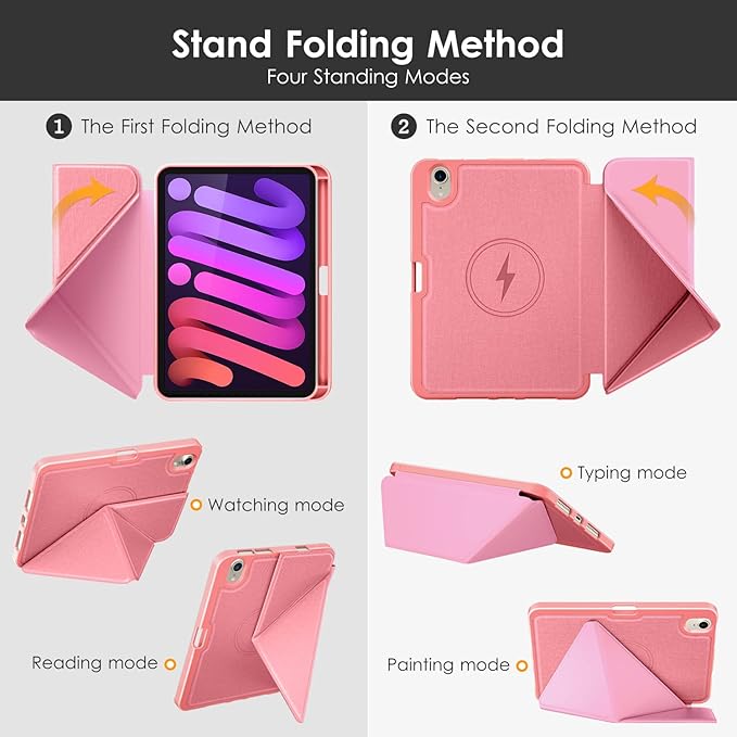DTTO Case for iPad mini 7 (A17 Pro) 2024 / iPad mini 6 2021 8.3 inch with Pencil Holder, Multi-Angle Magnetic Standing Cover for iPad mini 7th/6th Generation [Auto Wake/Sleep], Pink
