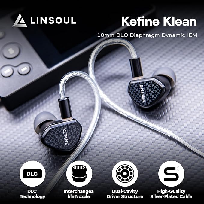 Linsoul Kefine Klean in Ear Monitor,10mm DLC Diaphragm Dynamic Driver HiFi Earphones,Wired Gaming Earbuds,Replaceable Nozzles,Detachable Silver-Plated Cable for Audiophile (No Mic 3.5mm, Black)