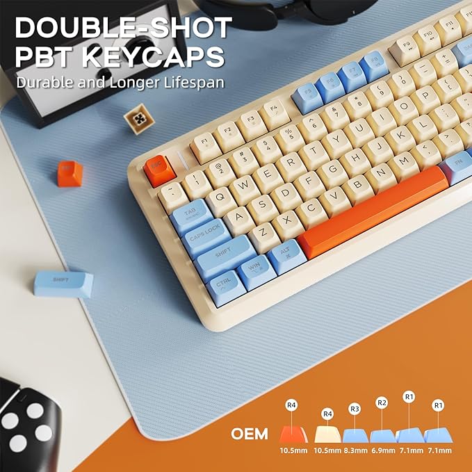 FREEWOLF M75 Wireless Mechanical Feel Gaming Keyboard Bluetooth/2.4Ghz Membrane with Knob & OLED Display Rainbow Backlit Gradient PBT Keycaps 2000mAH Battery Anti-Ghosting-Blueberry