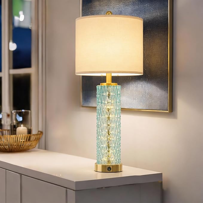 Oneach 27.75" Coastal Table Lamps Set of 2, Clear Blue Bedside Lamp with Glass Nightlight, USB A+C, Unique Desk Lamps for Living Room, Bedroom, Nightstand, End Table (2 Bulbs Included)