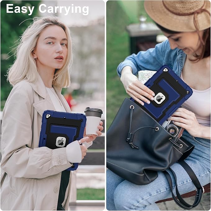 Kids Friendly Case for Apple iPad 10.2" 9th 8th 7th Generation 2021/2020/2019 Case with Pencil Holder & Shoulder Strap, Military Grade Shockproof Kickstand Hard Shell Protective Cover,Blue+Black