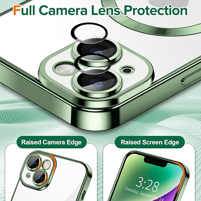 Hython Magnetic Clear for iPhone 14 Plus Case with Camera Lens Protector [Compatible with MagSafe] Luxury Plating Edge Slim Soft TPU Cover Protective Phone Case for iPhone 14 Plus 6.7", Deep Green