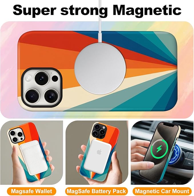 Magnetic for iPhone 15 Pro Max Case Cute Stripes Phone Case, Shockproof Slim TPU and Hard PC Protective Phone Cover Compatible with MagSafe Designed for Women Girls,Retro Diffuse