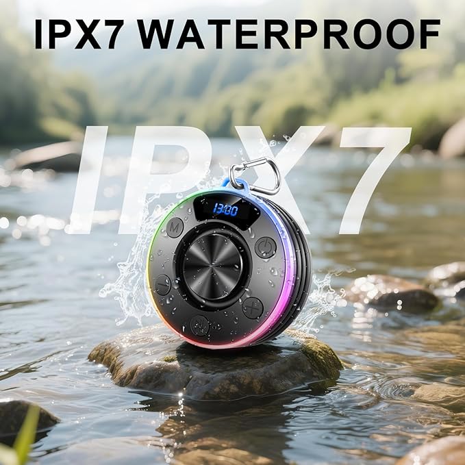 Bluetooth Speaker, Shower Speaker Portable with Hook, IPX7 Waterproof Bluetooth Speakers with Suction Cup, Digital/Time Display, Crystal Sound, Small Wireless Speakers for Outdoor Bathroom Gifts,Black