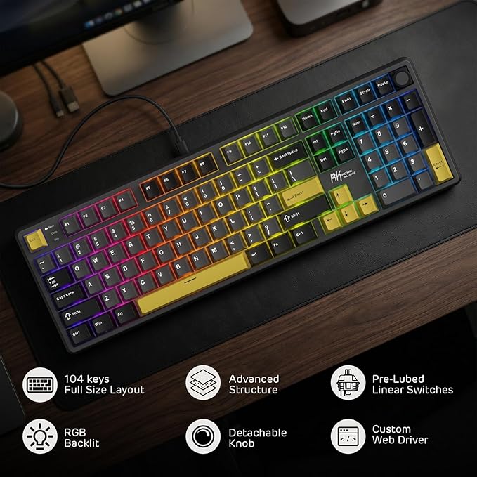 RK ROYAL KLUDGE X104 Full Size Mechanical Keyboard, Wired Creamy Gaming Keyboard with Number Pad and Knob,104 Keys Computer Keyboard Silent Switch,RGB Backlit,Online Software for Wins/Mac