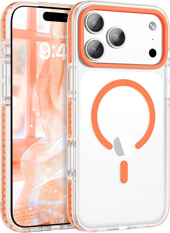 BENTOBEN Magnetic for iPhone 17 Pro Case 6.3", Compatible with Magsafe Military Shockproof Protective Cute Transparent Slim Anti-Yellowing Phone Case for iPhone 17 Pro Cover, Clear Orange