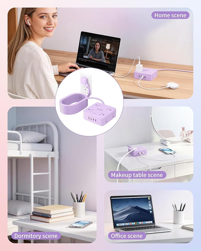Extension Cord with Multiple Outlets, SMALLRT Flat Plug Power Strip, 6.5FT Power Strips with Surge Protection with USB Ports, 8 Outlets, Surge Protector Outlets Extender for Home Office, Purple