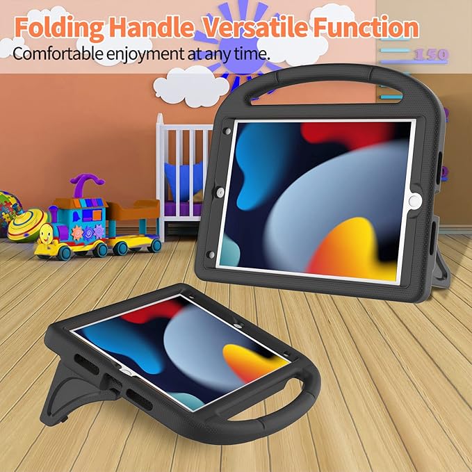 Kids Case for iPad 10.2 & 10.5, iPad 9th/8th/7th Generation 10.2" 2021 2020 2019 Case with Screen Protector, iPad Air 3rd Gen/Pro 10.5 inch Protective Cover with Handle Stand, Black