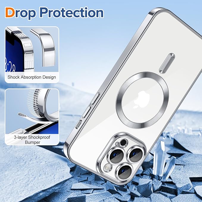 Hython Magnetic Clear for iPhone 13 Pro Max Case with Camera Lens Protector [Compatible with MagSafe] Plating Edge Slim Soft TPU Cover Protective Phone Case for iPhone 13 Pro Max 6.7", Silver