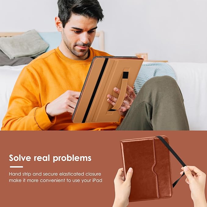VIKESI Case for iPad Pro 13-inch M5 or M4 Released in 2025 or 2024, Leather Stand Cover with Apple Pencil Holder, Auto Wake/Sleep, Multiple Viewing Angles, Built in Hand Strap & Pocket,Brown