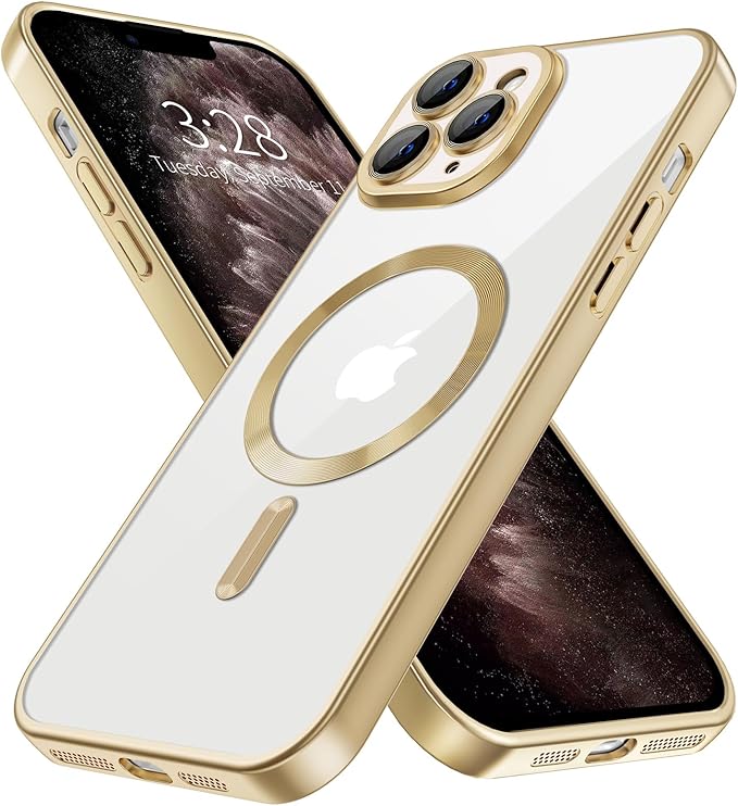 Hython Magnetic Clear for iPhone 11 Pro Max Case with Camera Lens Protector [Compatible with MagSafe] Plating Edge Slim Soft TPU Cover Protective Phone Case for iPhone 11 Pro Max 6.5", Matte Gold