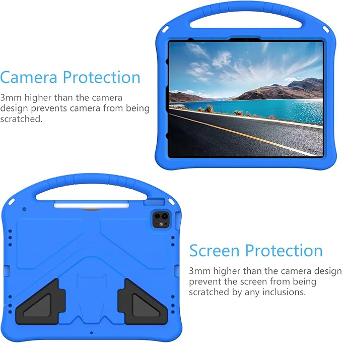 Kids Case for iPad Pro 13 inch M5/M4 (2025/2024) with Kickstand/Pencil Holder/Handle Stand Lightweight Soft EVA Foam Shockproof Heavy Duty Rugged Protection Kids Girls Boys Cover, Blue