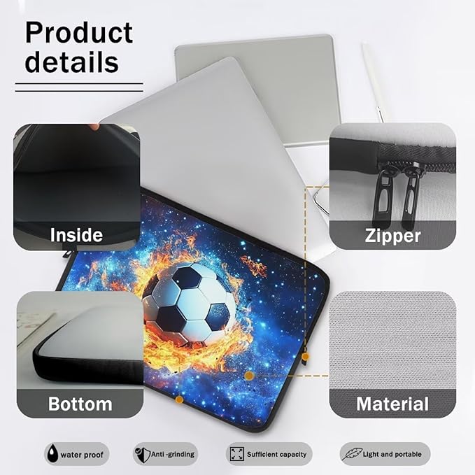 Football Laptop Sleeve for Men 12inch Lap Top Case Portable Laptop Accessories with Versatile Uses Computer Sleeve Laptop Pouch Water Flame Briefcase Blue