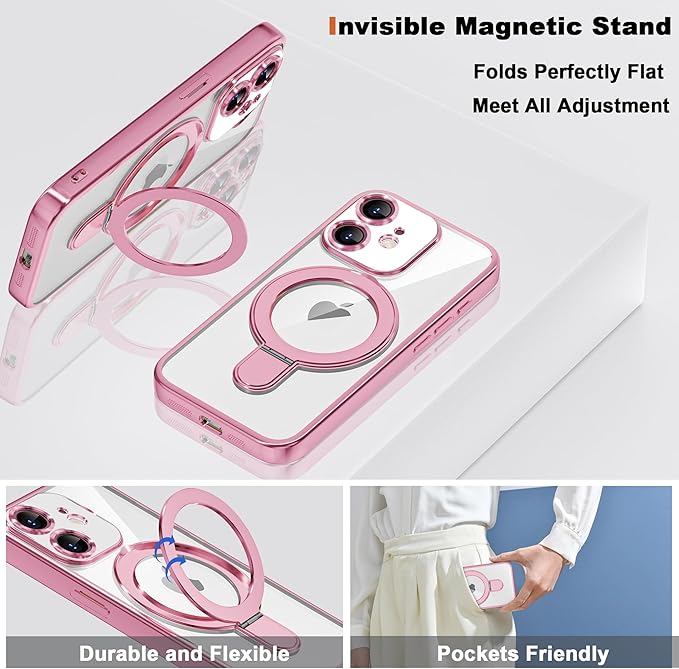 Compatible with iPhone 12 Case with Invisible Magnetic Ring Stand [Compatible with Mag-Safe] [Full Camera Lens Protector] Plating Clear Phone Case for iPhone 12 6.1", Pink