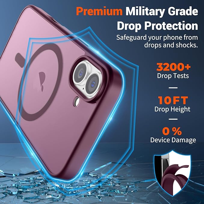 SUPFINE Magnetic for iPhone 16 Plus Case(Compatible with MagSafe)(10 FT Military Grade Drop Protection) Slim Translucent Matte Shockproof with Anti-Fingerprint Phone Case,Wine Red