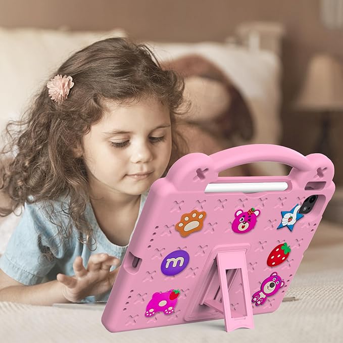 Dteck for iPad Air 6th Gen 11 Inch Case 2024,iPad Pro 11 Inch Case 2024 5th Gen(M4),Strawberry Panda Shockproof Rugged Lightweight Convertible Stand Kids Friendly Tablet Case with Handles,Pink