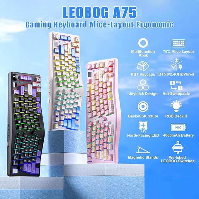 LEOBOG A75 Alice Keyboard, 75% Hot-Swappable Mechanical Keyboard with Knob & Cat Keycaps, 2.4G/USB-C/BT5.0 Cute Gaming Keyboard for PC/Mac/Win/Andriod, Barbie Switch - White