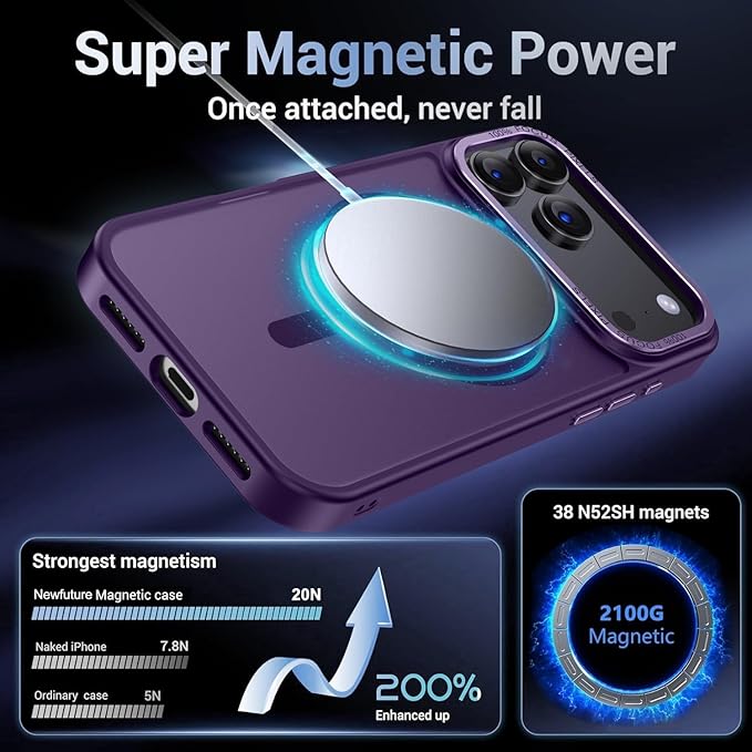Newfuture Magnetic for iPhone 17 Pro Case [Compatible with Magsafe] [Military Grade Drop Protection] Translucent Matte Anti-Scratch Shockproof Protective Phone Cover 6.3 Inch, Deep Purple