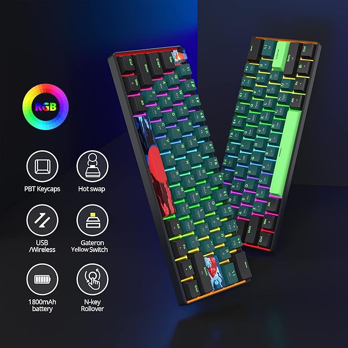 surmen GT61 Wireless 60% Keyboard, Mini RGB Mechanical Gaming Keyboard 60 Percent Hot-Swappable with Linear Gateron Switch Type-C/Bluetooth 5.0 Programmable (Gateron Yellow, Sound Wave 61)