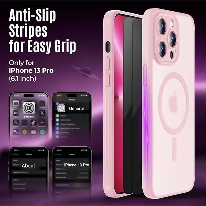 Symcele Designed for iPhone 13 Pro Case, Compatible with MagSafe, with Privacy Screen Protectors X2, [Camera Protection] [15FT Military Drop Protection] Shockproof Phone Case, 6.1", Pink
