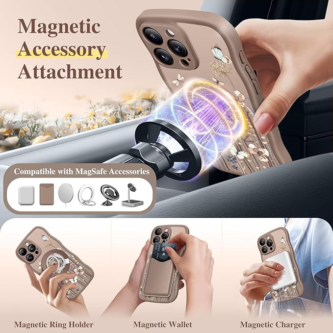 GVIEWIN for iPhone 15 Pro Case Compatible with MagSafe [Curly Wave Edge][Full Camera Protection] Floral Translucent Shockproof Magnetic Women Phone Case for iPhone 15 Pro 6.1'', Autumnflit/Brown