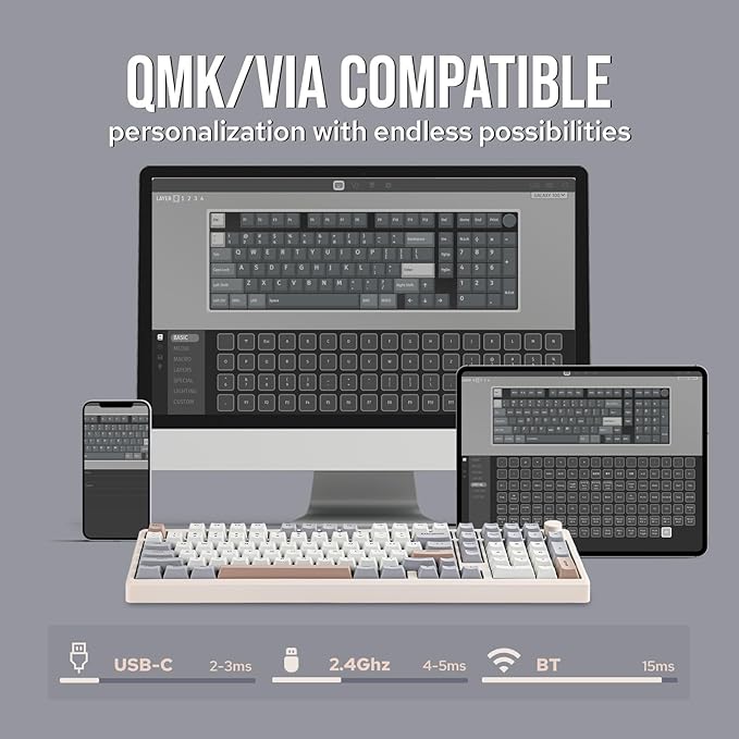 EPOMAKER Galaxy100 QMK/VIA Wireless Gaming Keyboard, Aluminum Shell, BT/2.4Ghz/USB-C, Pre-Lubed Hot-Swappable Linear Switches, NKRO, RGB Backlit (Creamy White, Wisteria Linear Switch)