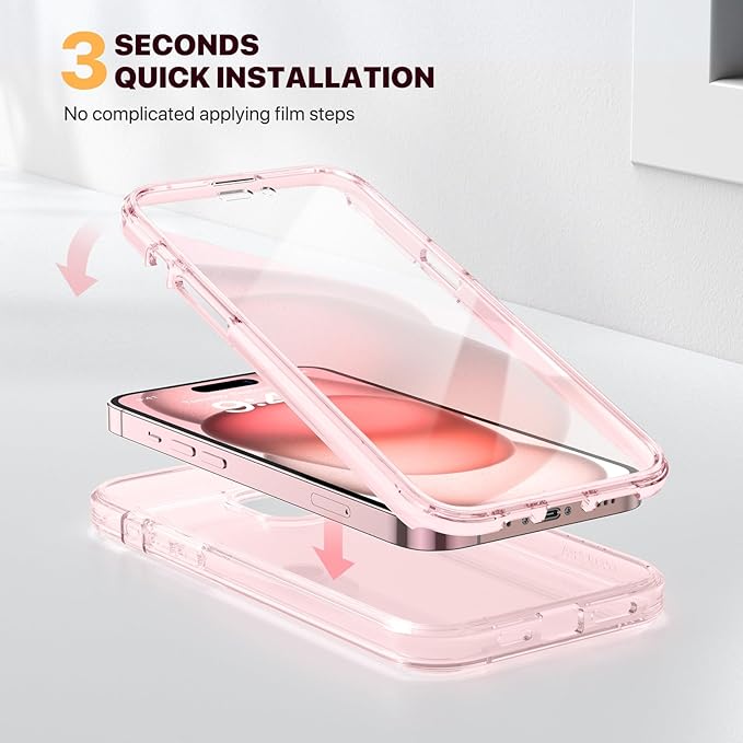 Diaclara Designed for iPhone 15 Case, Full Body Rugged Case with Built-in Touch Sensitive Anti-Scratch Screen Protector, with Camera Lens Protector for iPhone 15 6.1" (Clear Pink)