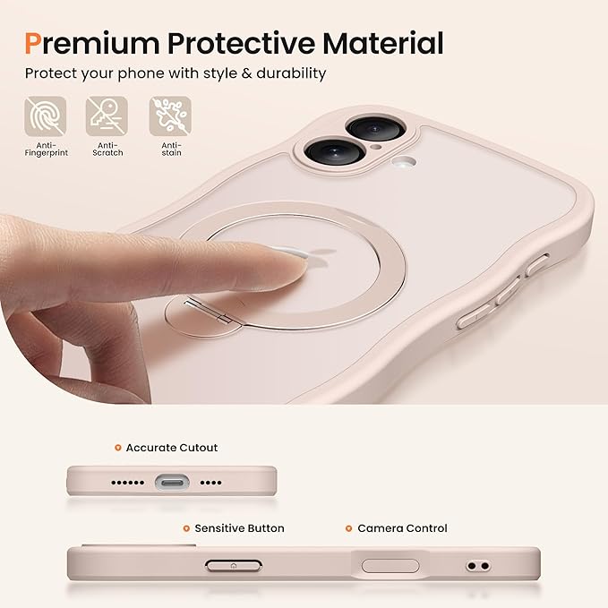 CAPRARO for iPhone 16 Plus Case with 360° Spin Magnetic Stand for Women, [Compatible with MagSafe] [Full Camera Protection] Cute Wave Translucent Matte Case for iPhone 16 Plus, Pink Gold