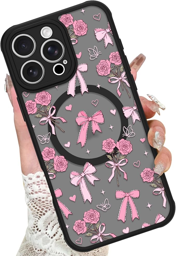 KANGHAR Case Compatible with iPhone 16 Pro Bows Bouquet Pattern [Compatible with Magsafe] Cute Flowers Florals Protective Magnetic Case for Girls Women Men