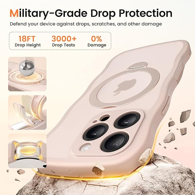 CAPRARO for iPhone 16 Pro Max Case with 360° Spin Magnetic Stand for Women, [Compatible with MagSafe] [Full Camera Protection] Cute Wave Translucent Matte Case for iPhone 16 Pro Max, Rose Gold