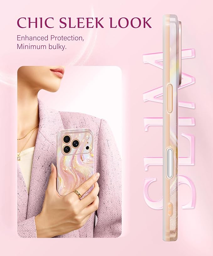 GVIEWIN for iPhone 17 Pro Case Compatible with MagSafe, [Full Camera Protection][Military-Grade Protection] Shockproof Protective Slim Magnetic Marble Phone Case for 17 Pro 6.3", Glistening/Pink