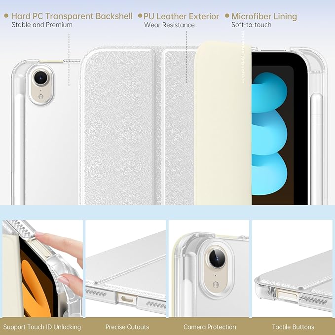 MoKo for iPad mini 7 A17 Pro Case 2024, iPad mini 6th Generation Case 8.3 Inch 2021 with Pencil Holder, Slim Light Trifold Smart Protective Cover with Hard PC Translucent Back Shell, White