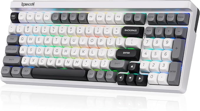 Redragon K656 PRO 3-Mode Wireless RGB Gaming Keyboard, 100 Keys Mechanical Keyboard w/Hot-Swappable Socket, 3 Noise Dampening Layers, PBT Round Keycaps & Custom Linear Switch, Moondust Gray