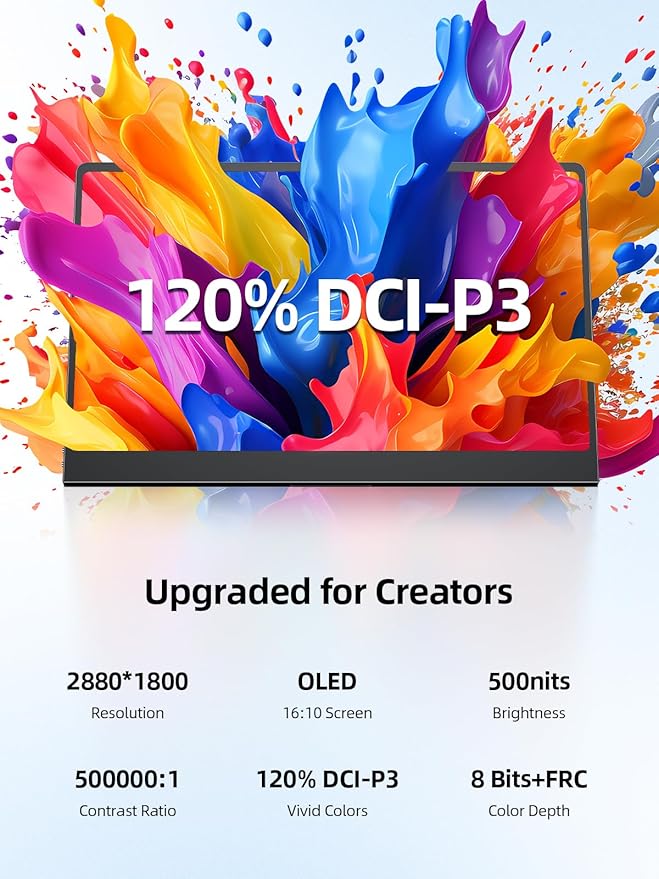 UPERFECT OLED Portable Monitor 14", 3K 2880x1800 | 120Hz | 0.1ms Portable Gaming Monitor, 500 Nits |120% DCI-P3 | 500000:1 Contrast | Ultra-Slim Design for Laptop Mini PC Phone Game Consoles