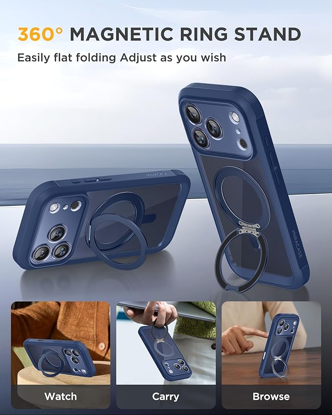 Miracase for iPhone 17 Pro Case with 360 Spin Magnetic Stand, Full-Body Phone Case with Built-in Glass Screen Protector & Camera Control, Drop Proof iPhone 17 Pro Cover, Dark Blue