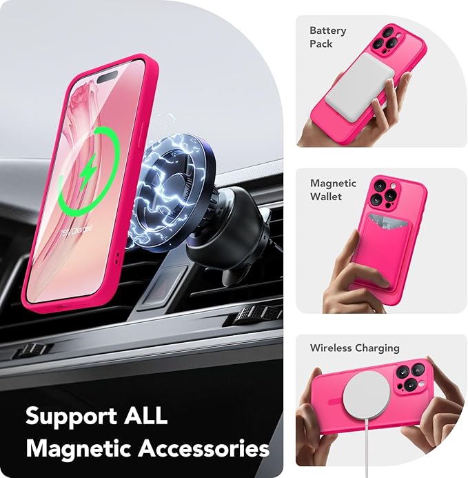 CAPRARO Magnetic for iPhone 15 Pro Case, [Compatible with MagSafe] [Full Camera Protection] Shockproof Protective Slim Translucent Matte Phone Case for iPhone 15 Pro 6.1'', Hot Pink