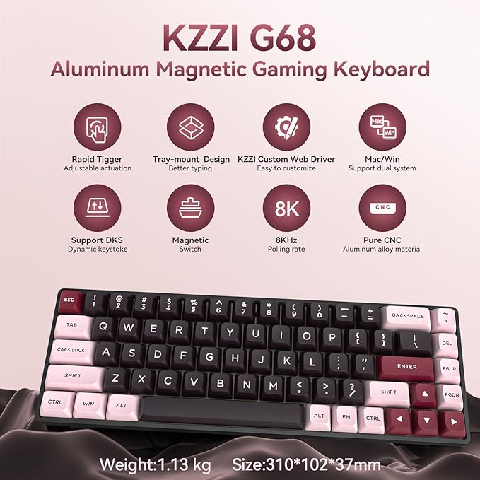 KZZI CNC Magnetic Gaming Keyboard with Rapid Trigger, Hall Effect Switches, CNC Aluminum Frame,Adjustable Actuation 60% Compact TKL Mechanical Keyboard RGB PBT Keycaps for Linux/Win/Mac (Pink)