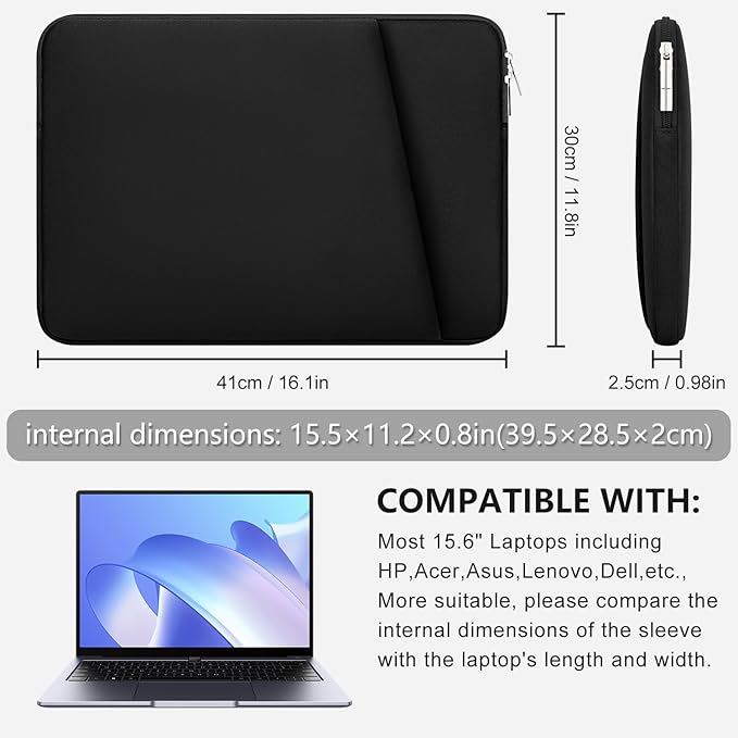 Laptop Sleeve Case with Zipper Accessory Pocket Compatible with 15.6 inches HP Dell Lenovo Asus Acer Padded Computer Pouch Cover Shockproof Protective for 15.6” Laptop/Chromebook/Tablet,Black