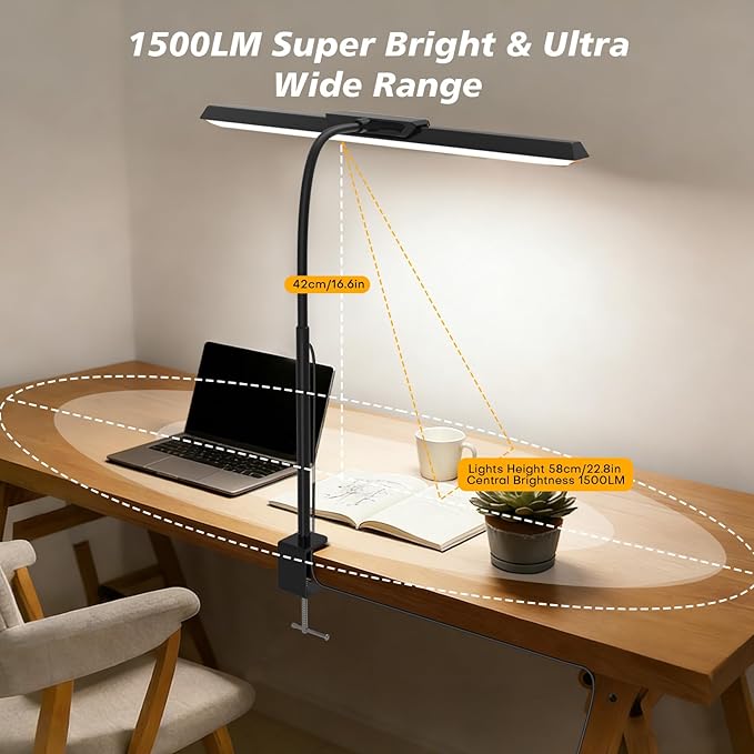 LED Desk Lamp for Office Home, Stepless Dimming Architect Desk Light with DC Adapter, Eye-Caring Desk Lamp with Clamp, 25 Lighting Modes Adjustable 14.8in Flexible Gooseneck for Workbench, Drafting