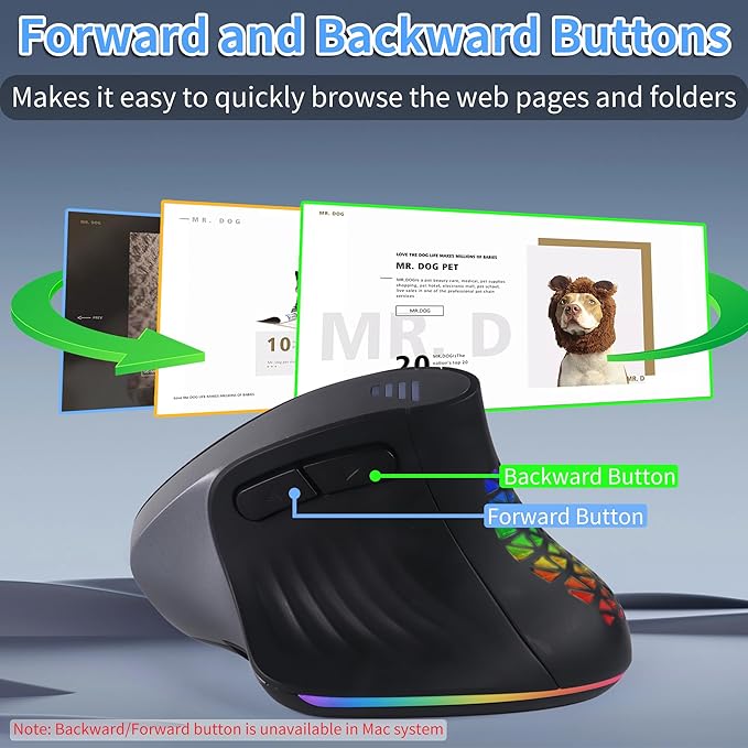 Wireless Mouse Ergonomic Right Handed Vertical Mouse with LED Light 7 Buttons 2.4GHz & Bluetooth Dual Mode Portable Rechargeable Silent Computer Mice for Laptop PC Desktop Macbook Adults Gifts(Black)
