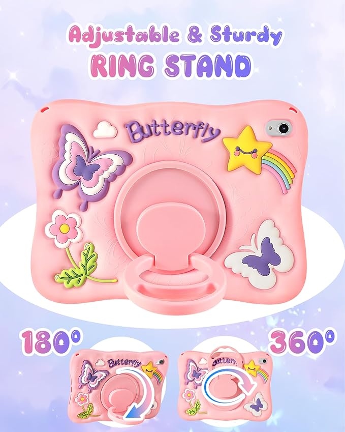 Kidcube for iPad mini 7 Case A17 Pro 2024, for iPad mini 6th Generation Case 8.3 Inch - Girls Cute Girly Kawaii 3D Butterfly Design Cover with Rotating Stand & Strap Unique Silicone Teens Women Cases