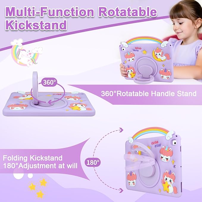 HianDier for iPad 9th 8th 7th Generation Case Kids Girls Cute Unicorn with Rainbow Handle Detachable Lanyard Rotatable Kickstand Shockproof Protective Cover for iPad 10.2 Case 2021 2020 2019-Purple