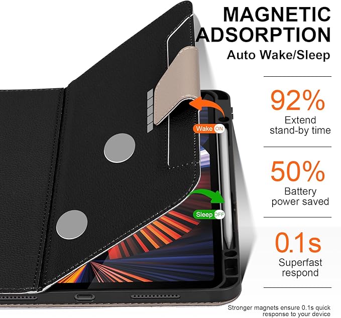 for iPad Pro 12.9" 6/5/4/3rd Generation Case 2022/2021/2020/2018, Smart Leather Folio Stand Cover with Buckle with Built-in Apple Pencil Holder & Auto Wake/Sleep & Multi Viewing Angles, Black